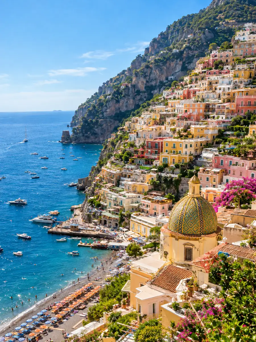 Pastellfarbene Häuser von Positano, den Felsen über dem Meer hinauf gestaffelt