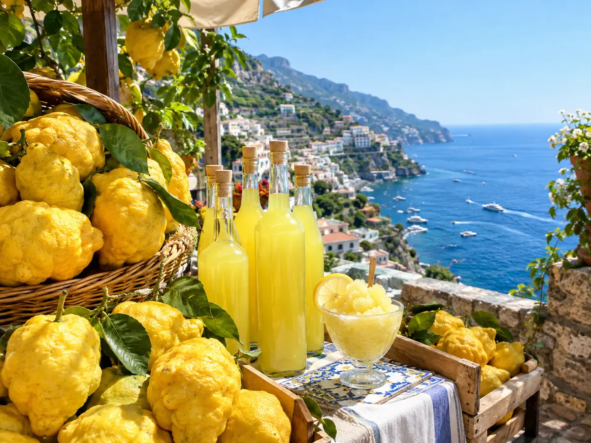 Riesige Amalfi-Zitronen, Limoncello und eine Zitronen-Granita an einem Straßenstand